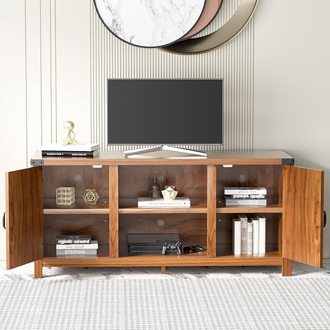 JUMMICO TV Stand, 65 Inch TV Farmhouse Entertainment Center with Double Barn Doors and Storage Cabinets, Console TV Table Media for Living Room, Bedroom (Walnut)