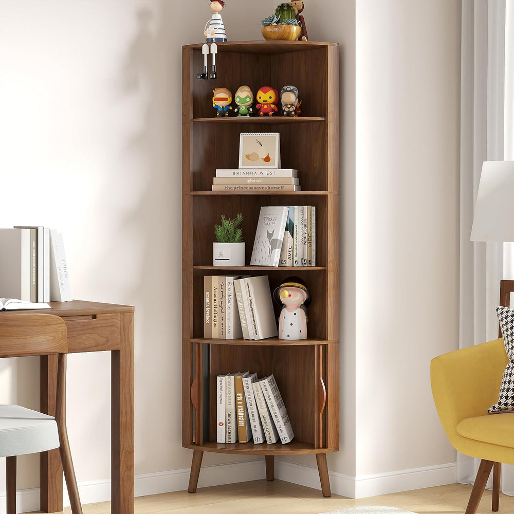 66'' Tall Corner Bookshelf with 2 Fluted Sliding Doors,Walnut