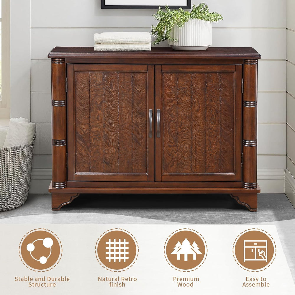 40" Sideboard Cabinet 2-Doors Solid Wood, Retro Buffet Cabinet with Stor...