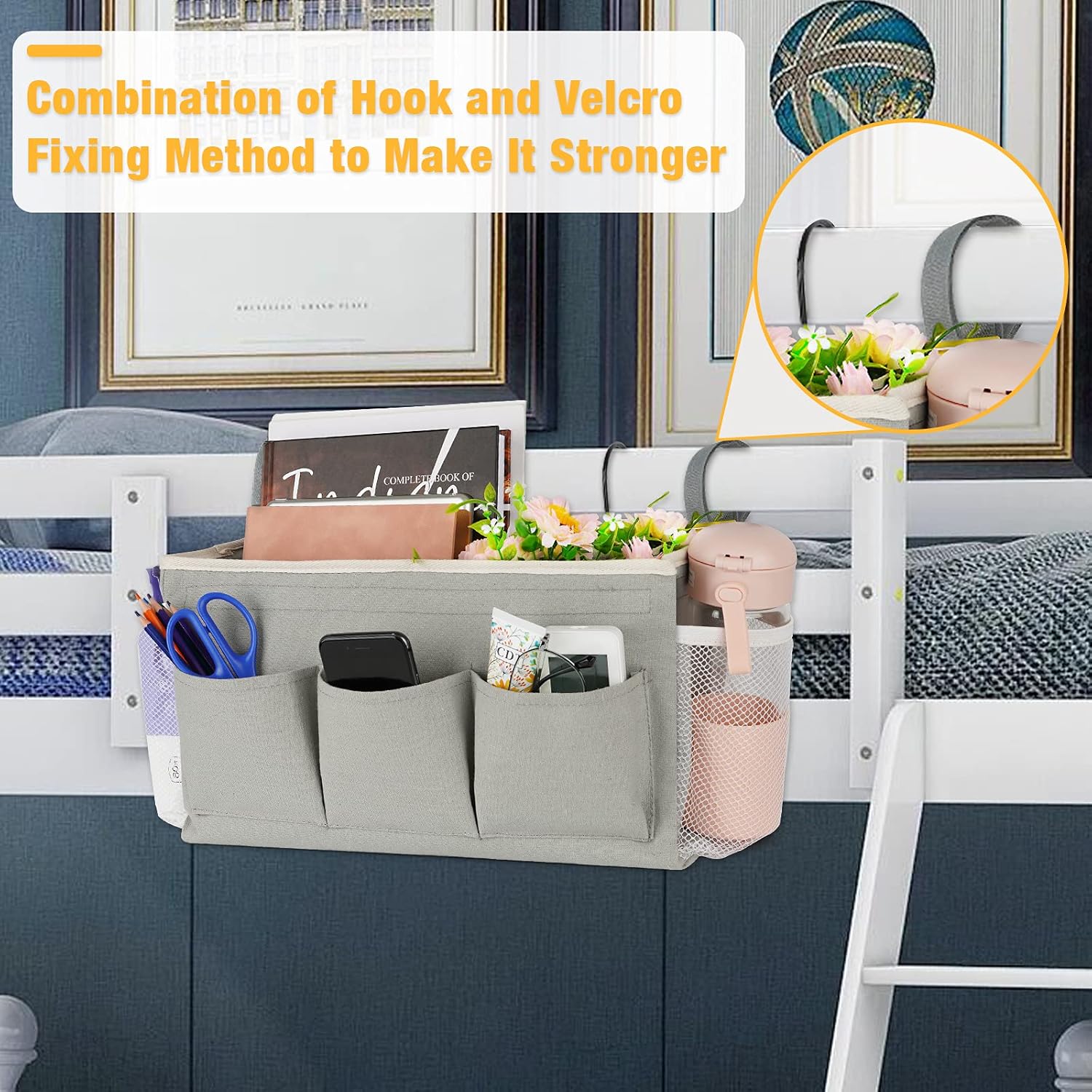 Bedside Storage Organizer with Fixed Straps and Water Bottle Holder for Home, College, Dorm, Bunk / Hospital Bed, Crib Bed Rails (Grey)