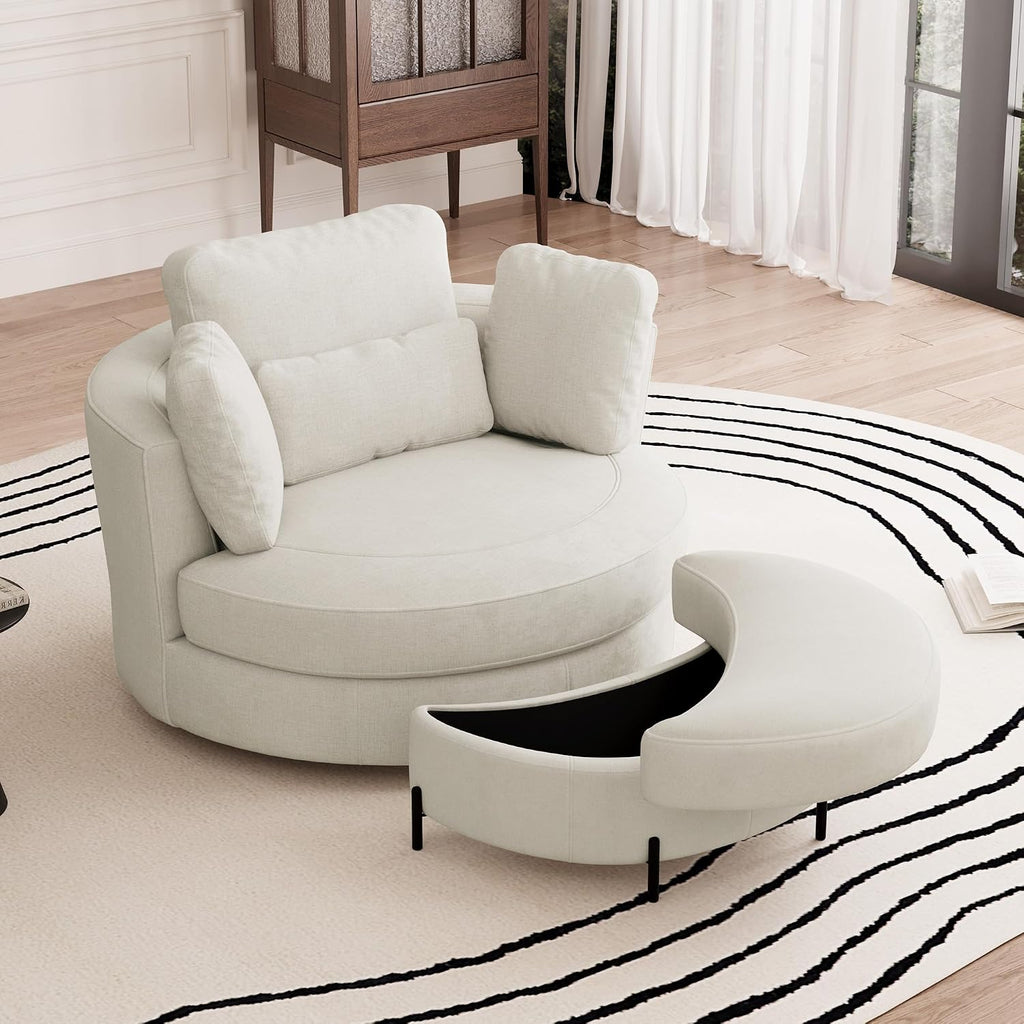 Aoiy & Wifon 50'' W Oversized Swivel Barrel Chair with Storage Ottoman, Beige Round Accent Chair with Half Moon Ottoman for Living Room, Deep Seat & Extra Wide, Chenille