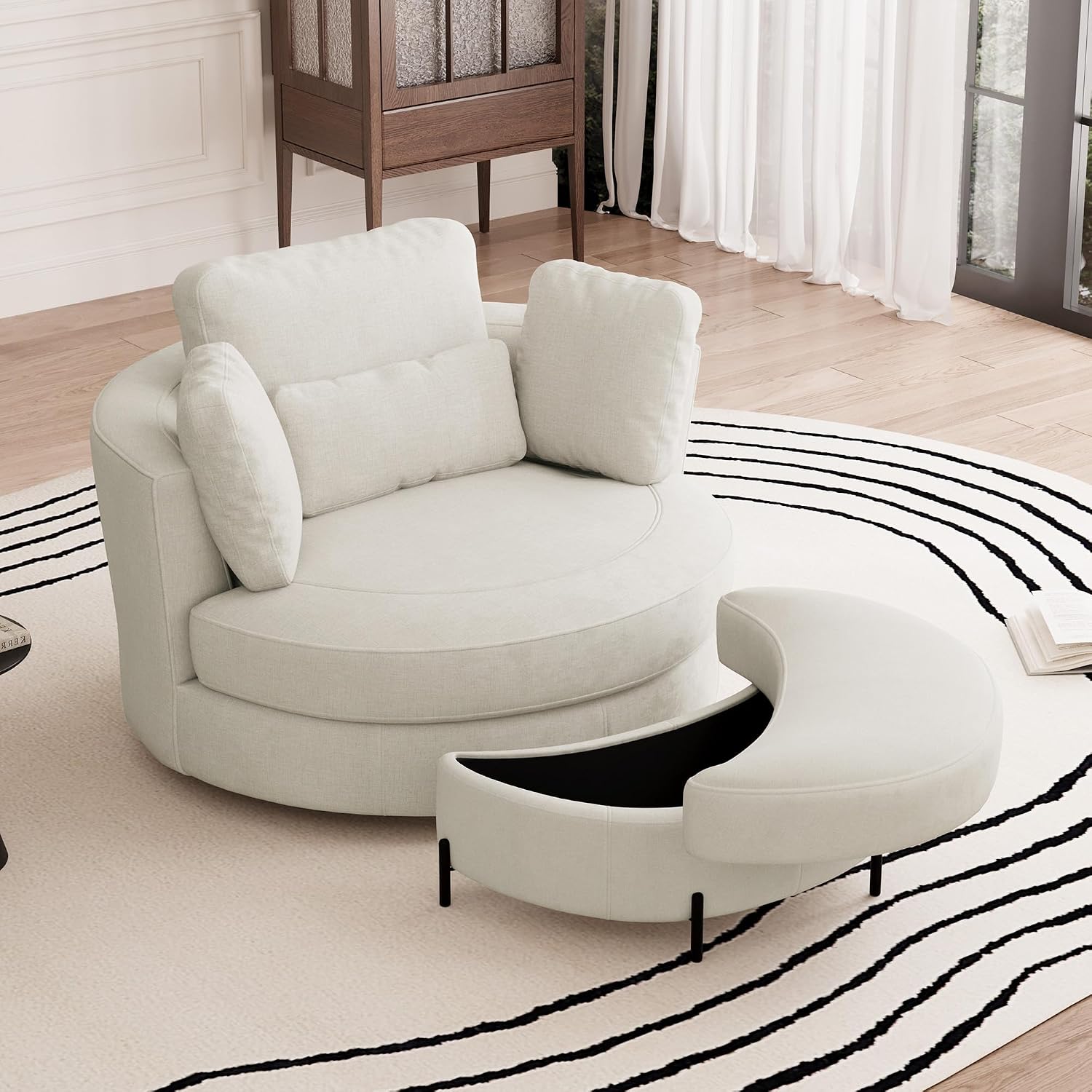 Aoiy & Wifon 50'' W Oversized Swivel Barrel Chair with Storage Ottoman, Beige Round Accent Chair with Half Moon Ottoman for Living Room, Deep Seat & Extra Wide, Chenille