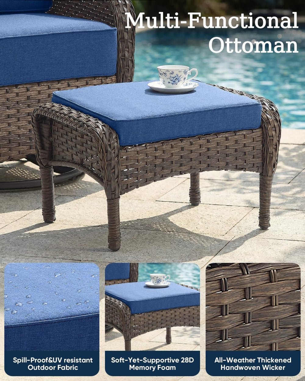 Outdoor Ottomans Patio Footrest Set of 2 - High Back Comfortable Brown Wicker...