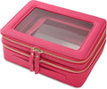 Aveniee XL Clear Makeup Organizer,Double Layer Travel Cosmetic Case with Brush Holder & Zippered Compartments,Big Toiletry Bag for Travel Accessories,2 Layers Large,Hotpink