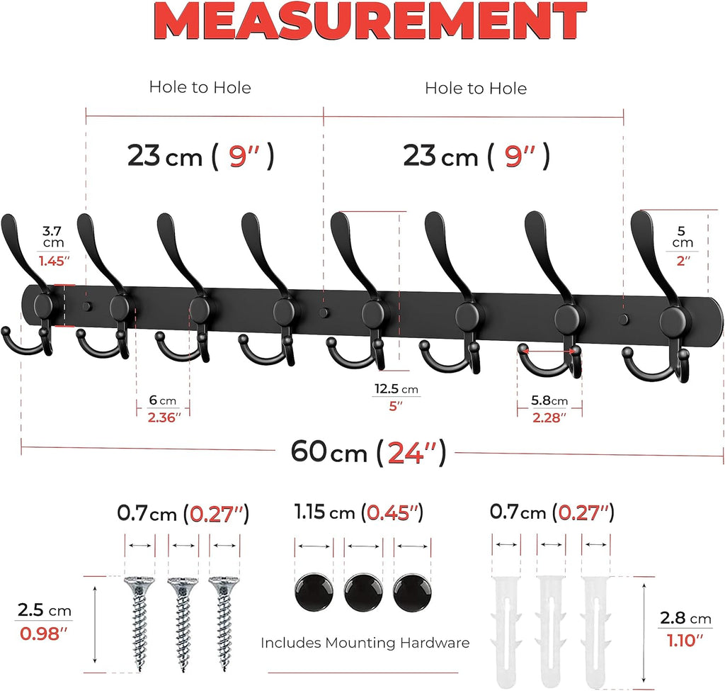 Coat Rack Wall Mount with 8 Tri Hooks, Stainless Steel 24 Inch – Black Matte Finish, Heavy Duty Wall Mounted Hook Rack for Coats, Hats, Towels, Scarfs, Robes, Bags, Entryway & Bathroom