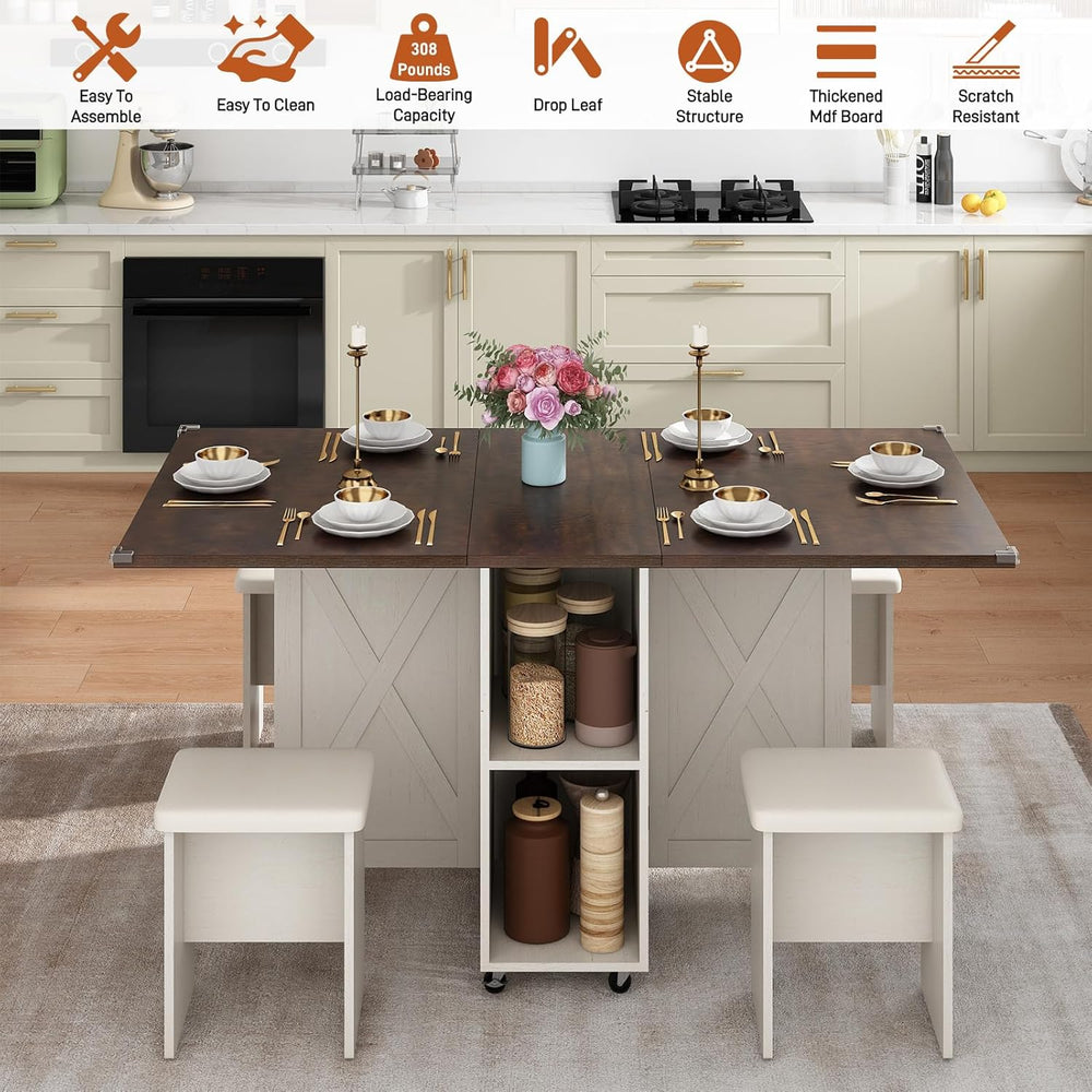 5 PCS Farmhouse Dining Table Set for 4,60" Large Folding Dining Table Se...