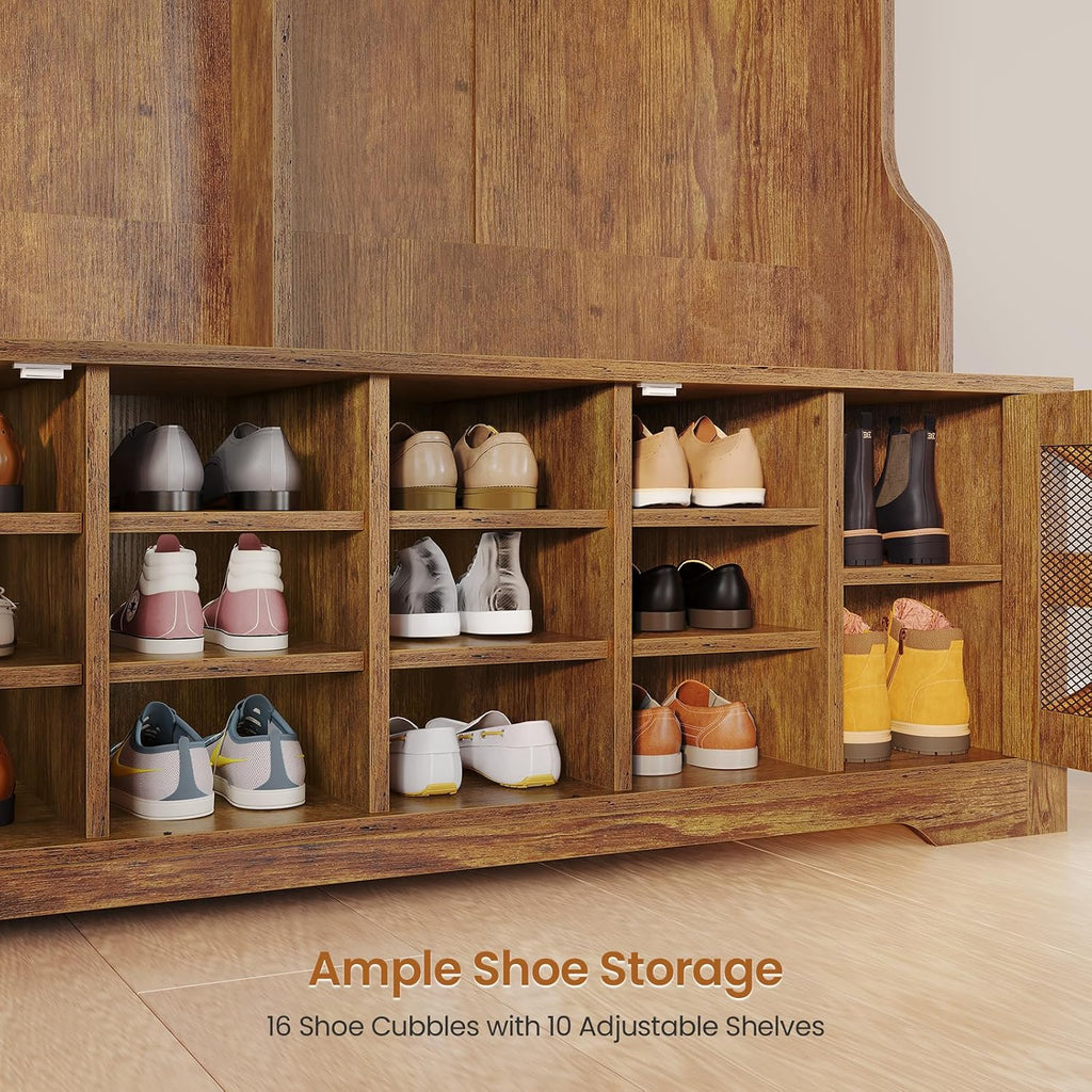 Itaar Hall Tree with Bench and Shoe Storage, 5-in-1 Entryway Bench with Coat Rack, 16 Shoe Cubbies & 12 Coat Hooks, Barn Door & Adjustable Shelf (Rustic Brown)