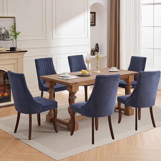 Dining Room Chairs Set of 8，Linen Channel Tufted Kitchen Dining Room Chair with Curved Solid Wood Legs, Comfortable Fabric Upholstered Dining Chair for Dining Room, (Blue 8pc)