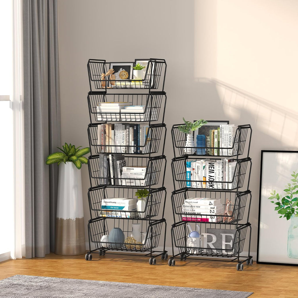 PUSDON Stackable Metal Storage Carts, Dual Use Shelf for Kitchen Fruit Vegetable Baskets with Wheels, Storage Rack for Living Room, Home & Office, Standard Black 4 Tiers