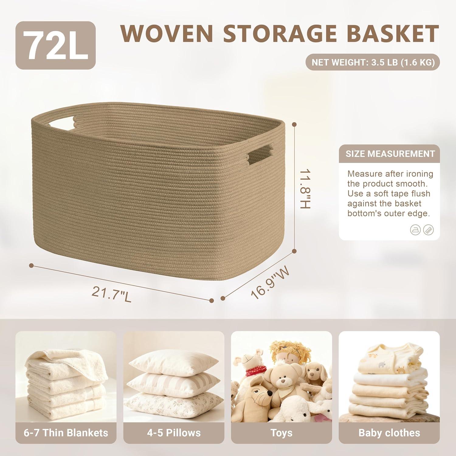 72L Large Wicker Laundry Basket for Living Room Storage,Boho Woven Cotton Rope Baskets for Kids Toy,Gifts,Square Blanket Hamper for Bedroom Dirty Clothes,Jute
