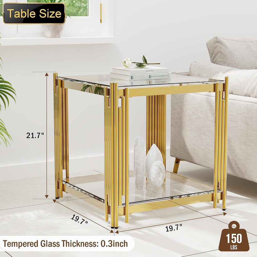 Luxury Gold Square Glass End Table, 19.7" Modern Side Table with Stainle...