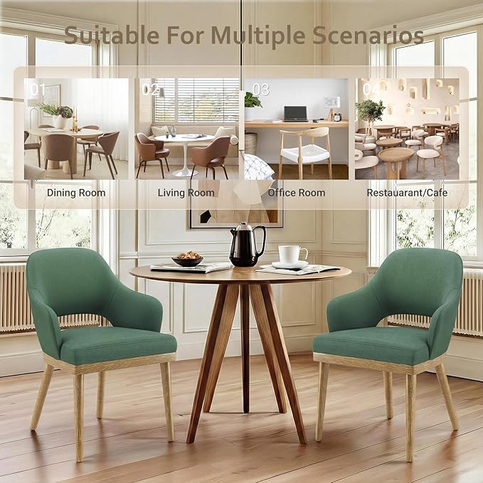 Wooden Dining Chairs Set of 2, Modern Fabric Upholstered Dining Room Chair, Kitchen Side Chairs, Farmhouse Dinner Chair with Open Back for Kitchen, Green