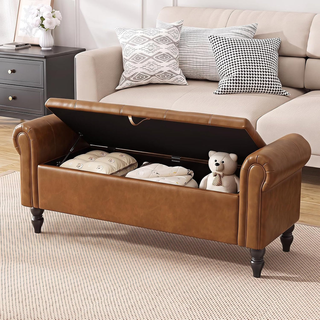 Furniliving 55” End of Bed Bench, Bedroom Bench with Button-Tufted, Large Upholstered Storage Ottoman Entryway Bench with Storage Shoe Cabinet Bench, for Bedroom, PU, YellowBrown