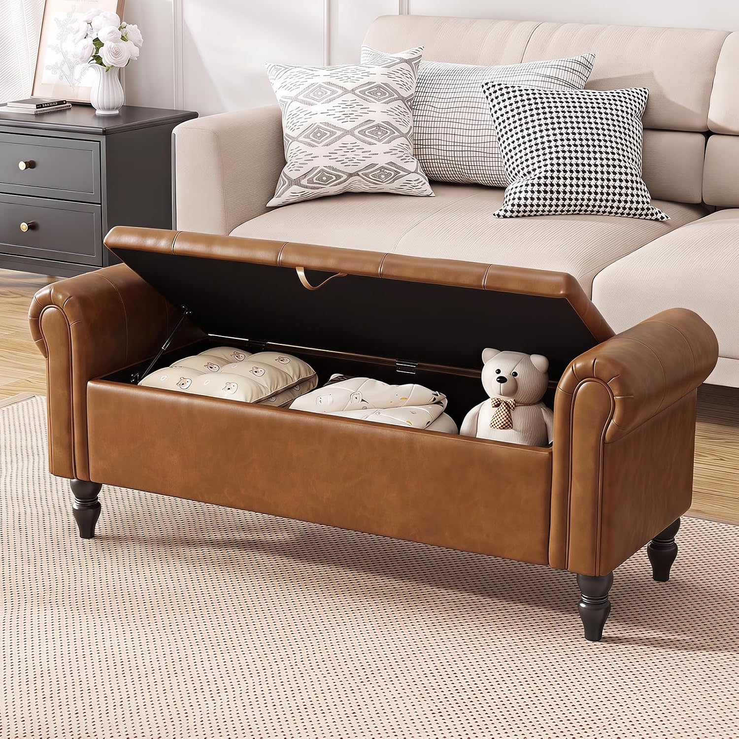 Furniliving 55” End of Bed Bench, Bedroom Bench with Button-Tufted, Large Upholstered Storage Ottoman Entryway Bench with Storage Shoe Cabinet Bench, for Bedroom, PU, YellowBrown