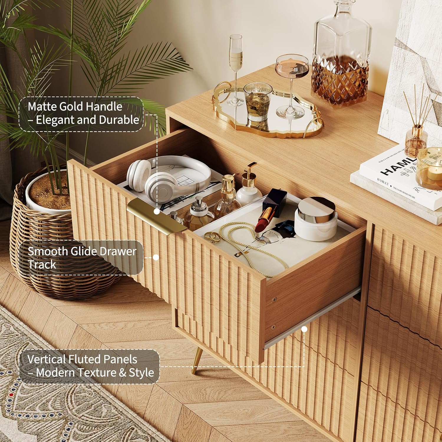Garvee Fluted Dresser for Bedroom with 6 Drawers,47" Wide Modern Chest of Wooden Bedroom Chest with Metal Handle,Clothes Storage Organizer,Closet Dresser & TV Stand for Living Room,Hallway,6&Natural