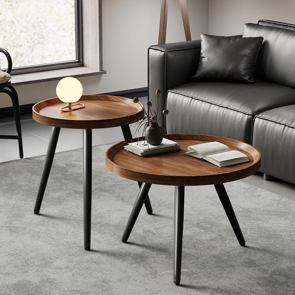 2PCS Small Round Coffee Table Set, Walnut Mid Century Modern Nesting Tables |...