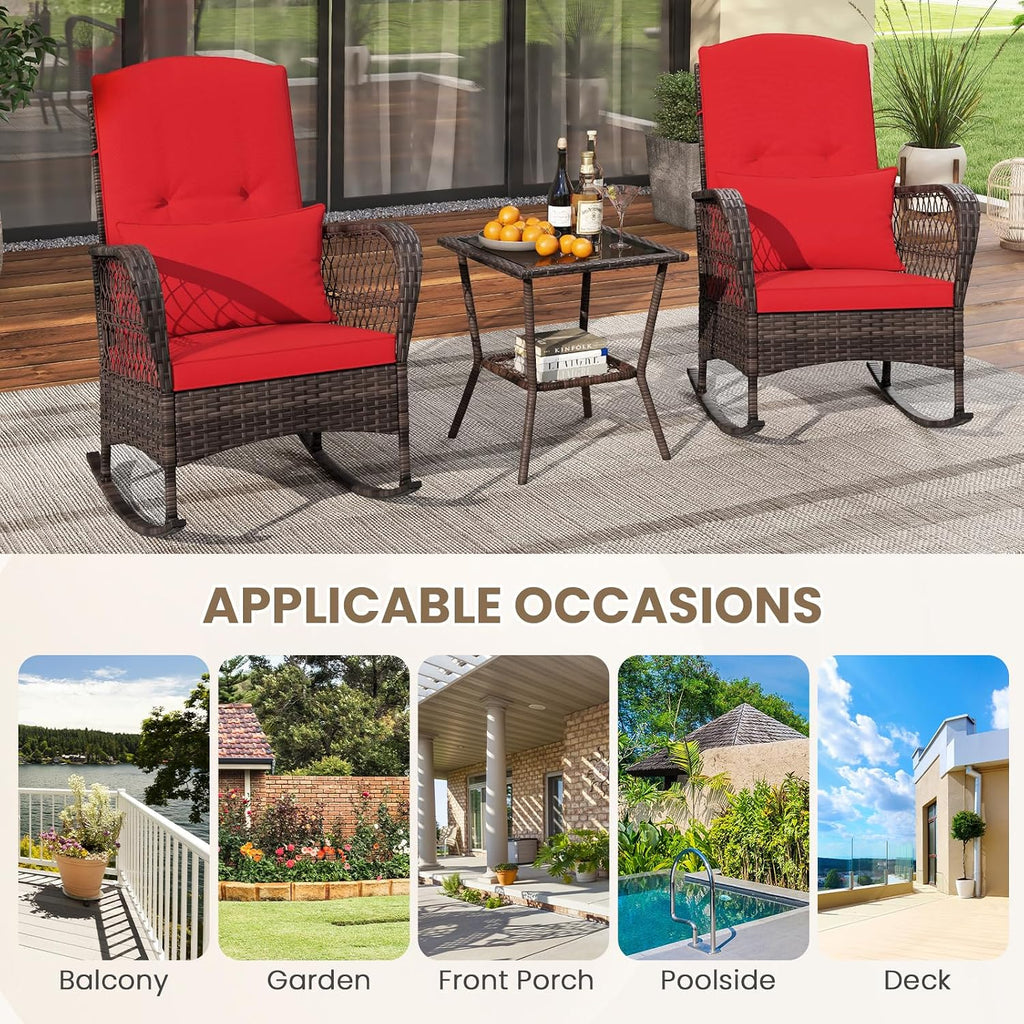 ORALNER 3 Pieces Patio Rocking Chair Set, Wicker Bistro Set (Red) | Outdoor Furniture, Rattan Rocker Set, Cushions, Pillows, Glass Coffee Table, for Balcony Front Porch Poolside Garden Deck