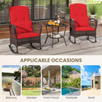ORALNER 3 Pieces Patio Rocking Chair Set, Wicker Bistro Set (Red) | Outdoor Furniture, Rattan Rocker Set, Cushions, Pillows, Glass Coffee Table, for Balcony Front Porch Poolside Garden Deck
