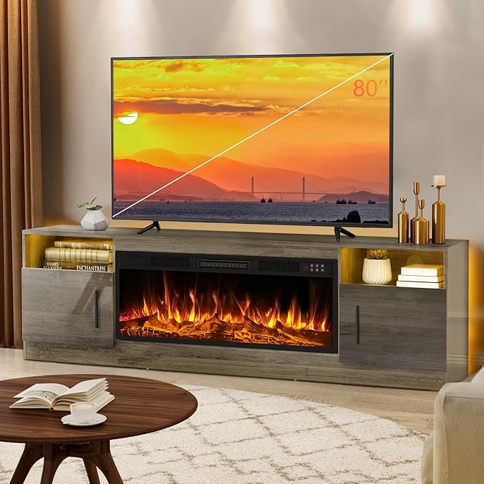 Lemberi Fireplace tv Stand with 36 inch Fireplace Up to 80" TVs,LED Light Entertainment Center and Storage, 70" Modern Wood Media TV Console with Highlight Cabinet for Living Room (Gray)
