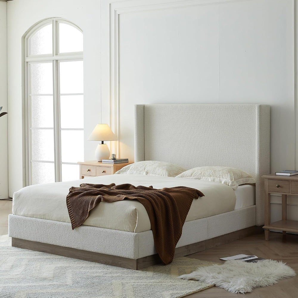 Peanu Queen Bed Frame, Wingback Upholstered Headboard, Cream White