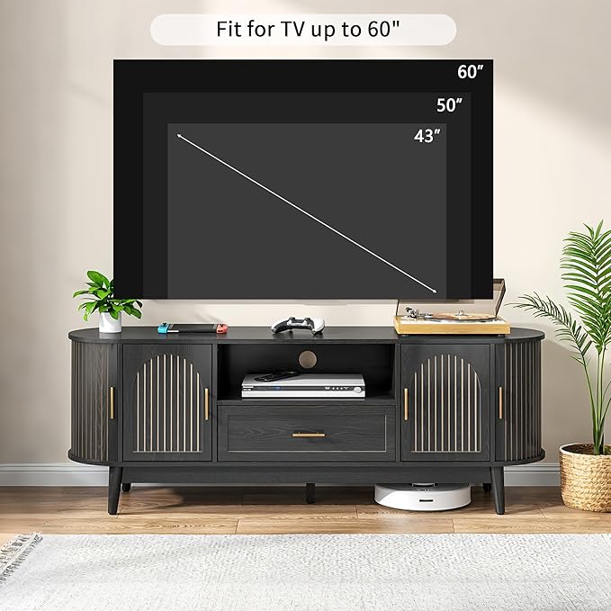 63" Fluted TV Stand for Tvs up to 70", Mid-Century Modern Entertainment Center with Drawers and Fluted Doors, Curved TV Media Console Table with Sliding Doors for Living Room, Bedroom (63" Black)
