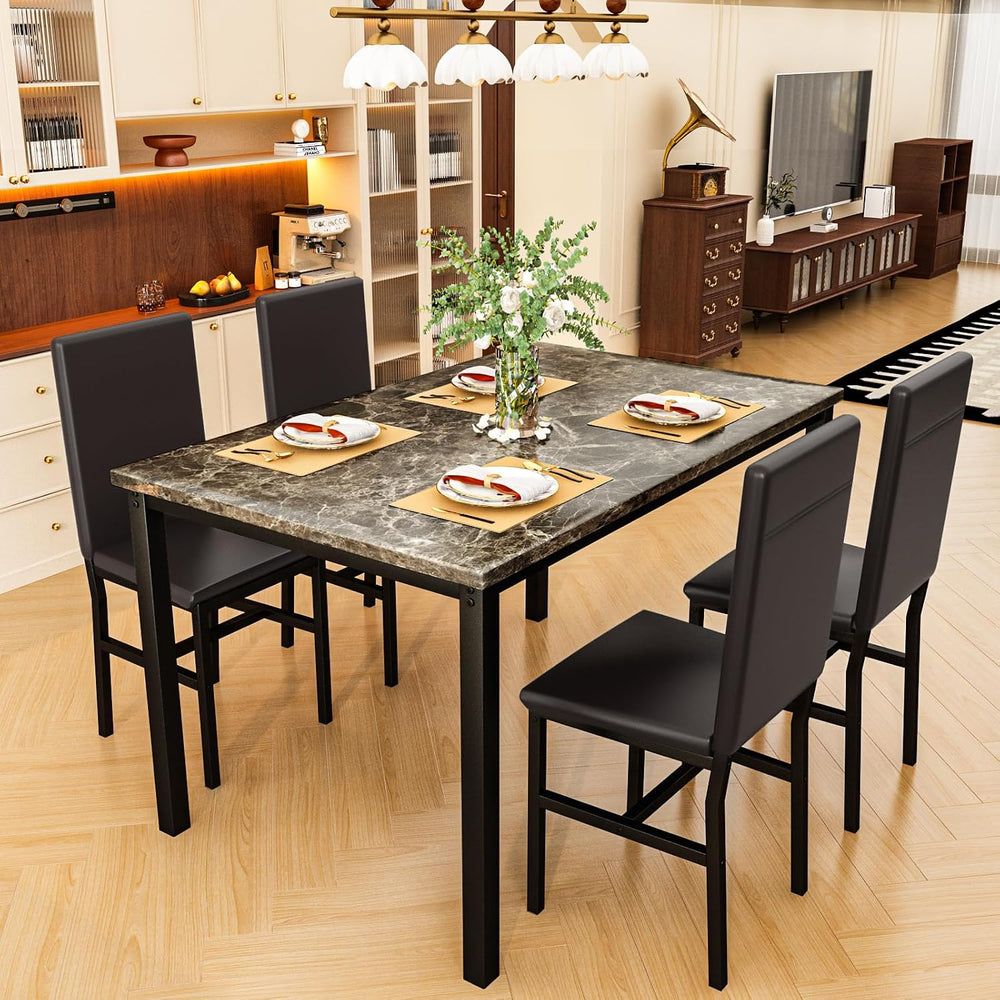 Lamerge Dining Table Set for 4, Faux Marble Table and 4 PU Leather Chairs, Ki...