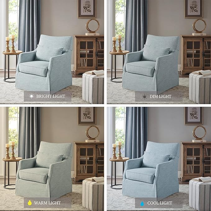 Martha Stewart London Swivel Chair - Solid Wood & Plywood, Skirted Metal Base Accent Armchair, Lumbar Pillow -Modern Classic Family Room Sofa Furniture Bedroom Lounge, 28"X31.5"X35.25", Light Blue