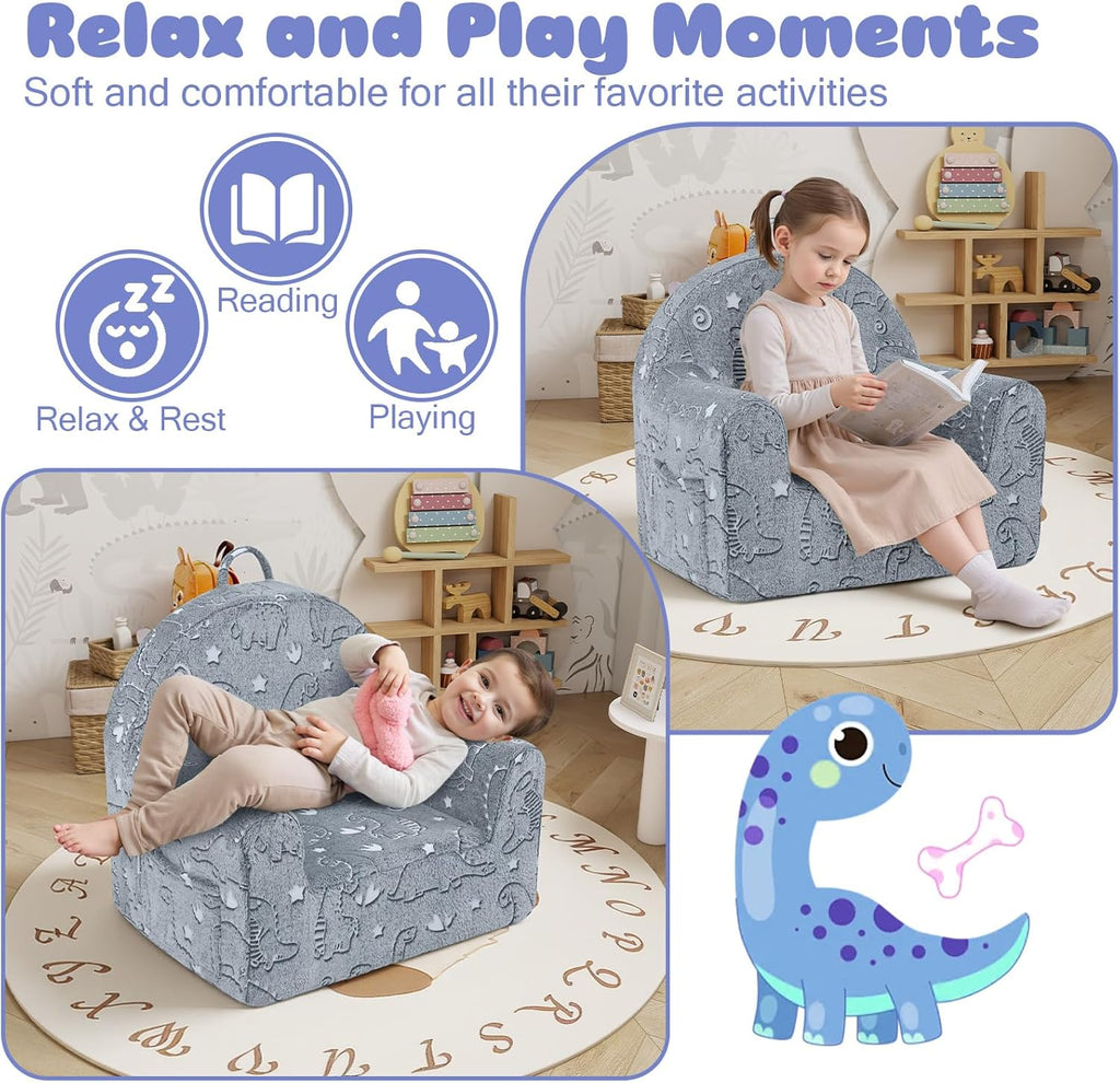 MeMoreCool Kids Chair, Glow Grey Dinosaur Kids Couch Sofa for Ages 3+ | Glow grey dinosaur kids chair, cozy foam armchair for reading corner, plush seat for playroom and kids room