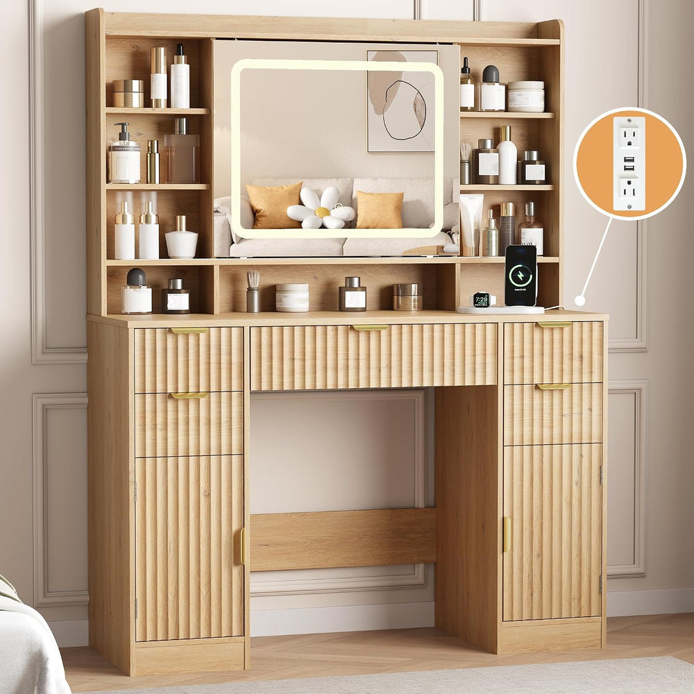 Makeup Vanity Desk with Mirror, Fluted Vanity with 5 Drawers and 2 Cabinets &...