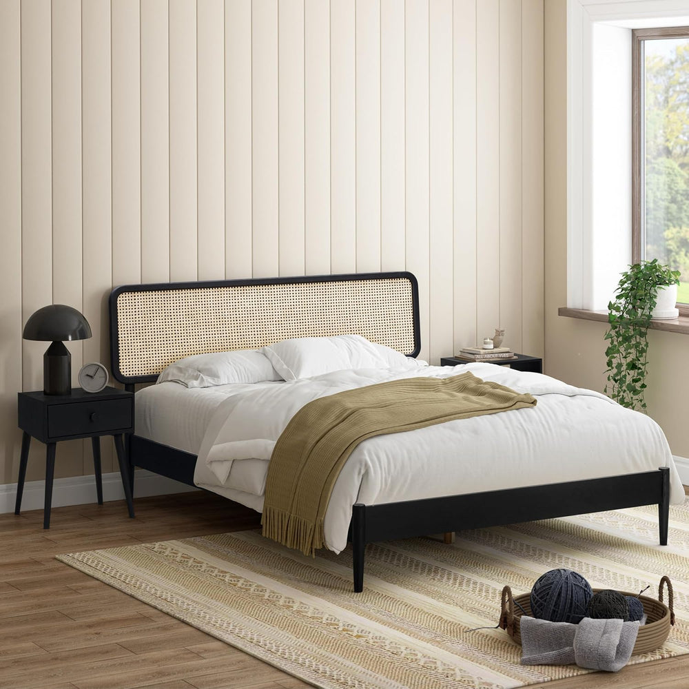 NTC Lupin Wooden Bed Frame with Headboard and Natural Rattan, Solid Oak Found...