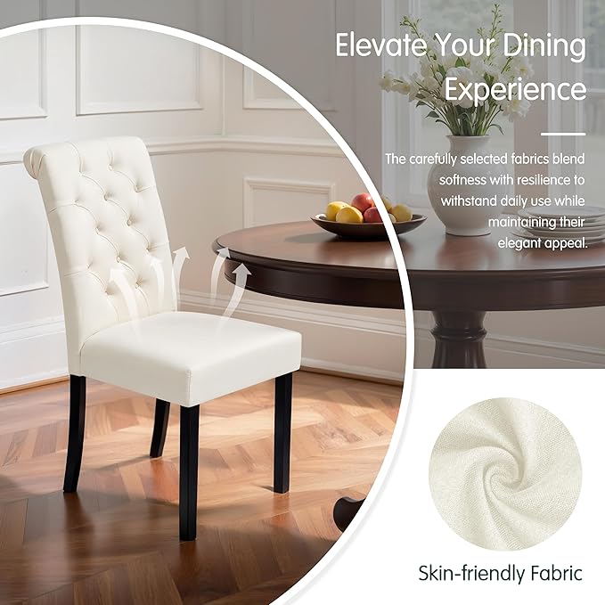 CHUN YI Dining Chairs Set of 8, Button Tufted Upholstered Fabric Dining Room Chairs with Solid Wood Legs and Curved Back, Parsons Side Chairs for Kitchen, Ivory White
