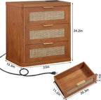 LEYAOYAO Rattan Night Stand Set of 2 with Charger Station, 23" Large 3 Drawer Boho Nightstand, Tea Brown Bedside Table Storage Cabinet, Bed Side End Tables for Bedroom, Living Room, Hallway
