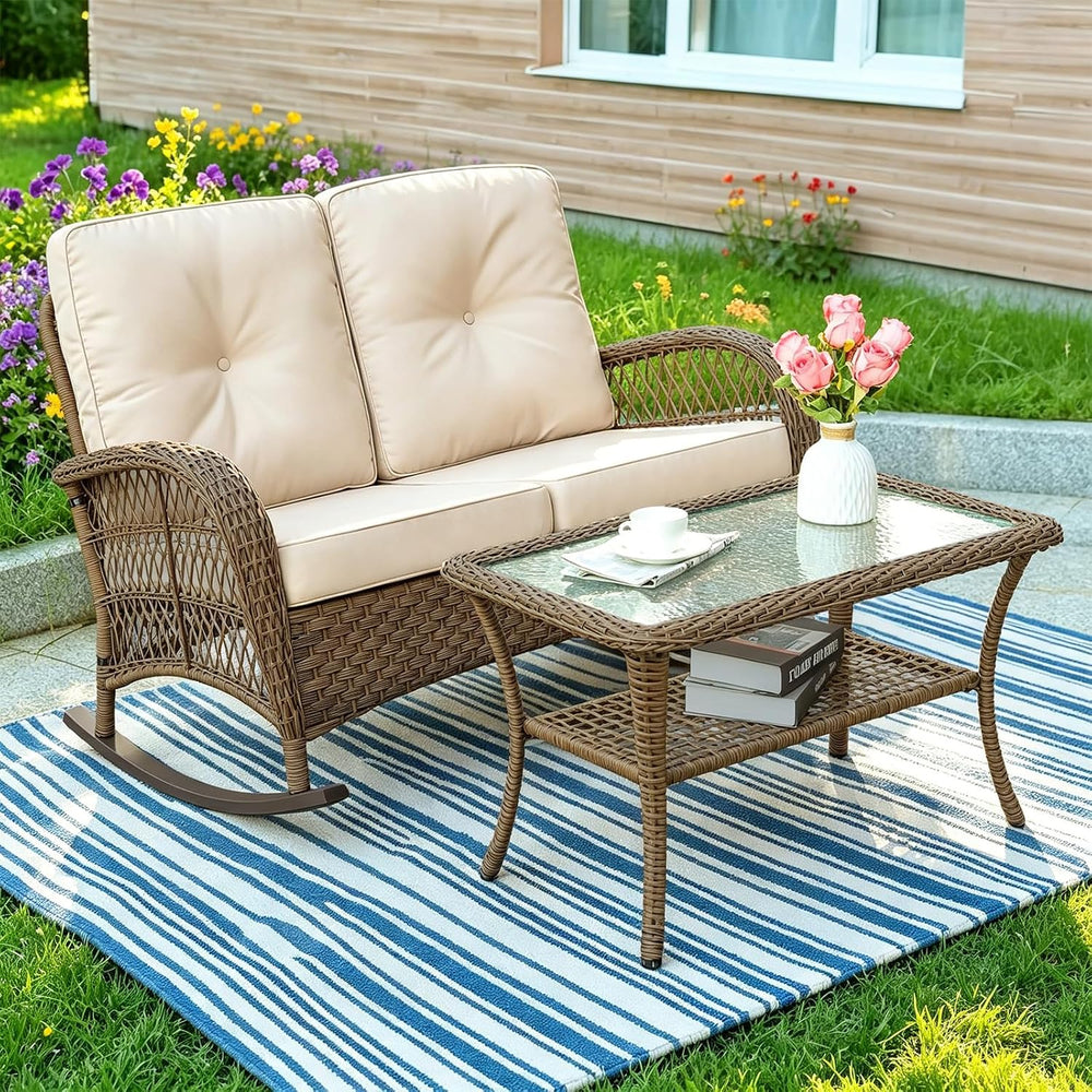 MEETWARM Outdoor Wicker Loveseat Rocking Chair, Loveseat for 2 Person Porch F...