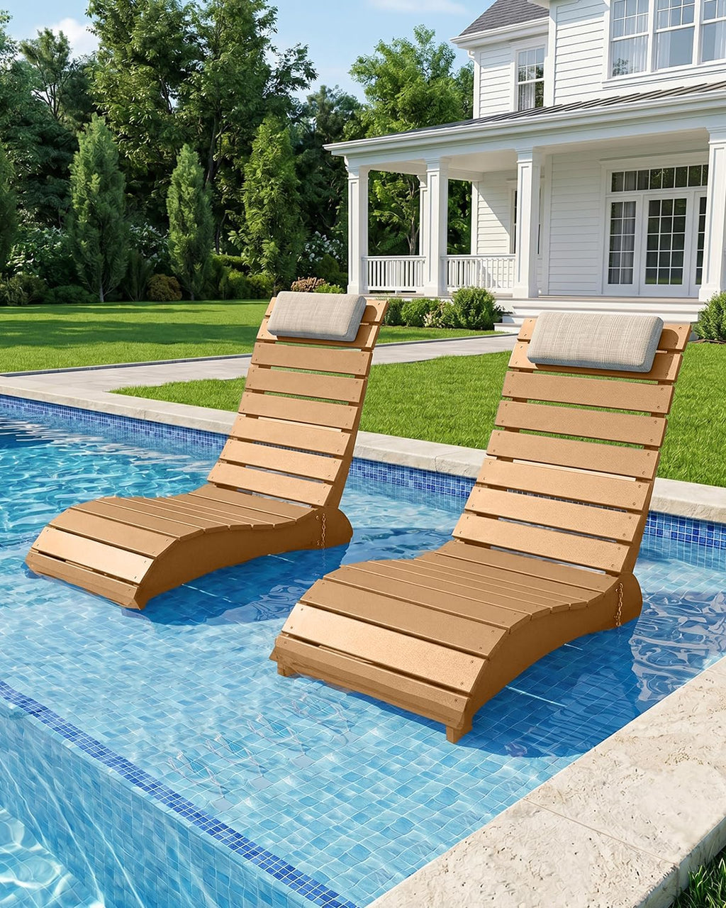 NAVINE Adjustable HDPE Pool Lounge Chairs Set of 2 with Headrest, Teak | All Weather, Weighted Fade-resistant Chaise Chairs, Pool Chairs and Lounger for Baja Ledge, Poolside Area and Deck
