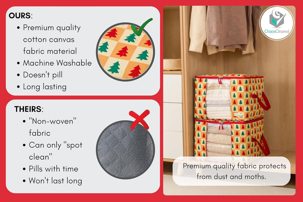 Designer Christmas Canvas Clothing Storage Bags 2 Pack Clothes Organizer bags for sweaters, clothing, garments, quilt, linens, large folding organizers with zip & window, moth proof space saver