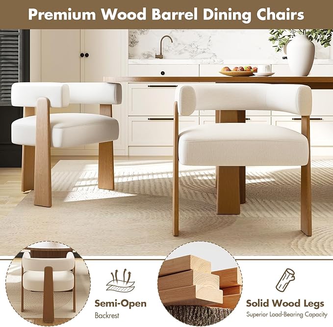 Set of 2 Modern Boho Barrel Dining Chairs with Wood Legs, White Upholstered Accent Armchairs with Thick Padded Cushion for Kitchen, Minimalist Natural Chic Chairs for Living Room