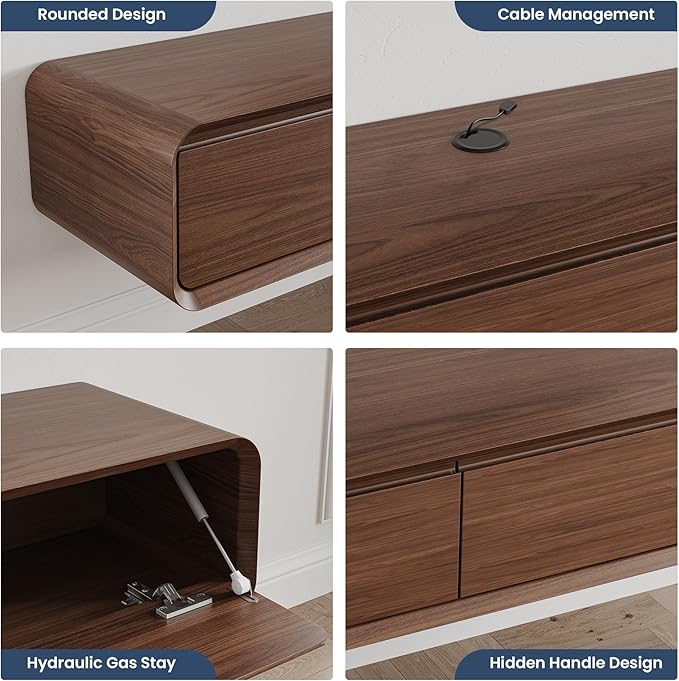 POVISON Fully-Assembled Minimalist Floating TV Stand, Modern Wall-Mounted Entertainment Center with 3 Flip-Down Cabinet Doors, Walnut, 63"