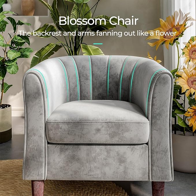 LINSY Accent Chair with Ottoman, Modern Armchair Comfy Barrel Reading Chair with Footrest for Living Room Bedroom Reading Room, Velvet, Light Grey