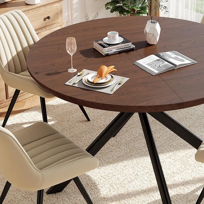 47.2" 5-Piece Round Dining Table Set for 4, Modern Wood Dining Table with 4 Upholstered Chairs, Kitchen & Dining Room Table Set with Metal Base for Apartment, Small Space, Walnut Table+4 Beige Chairs