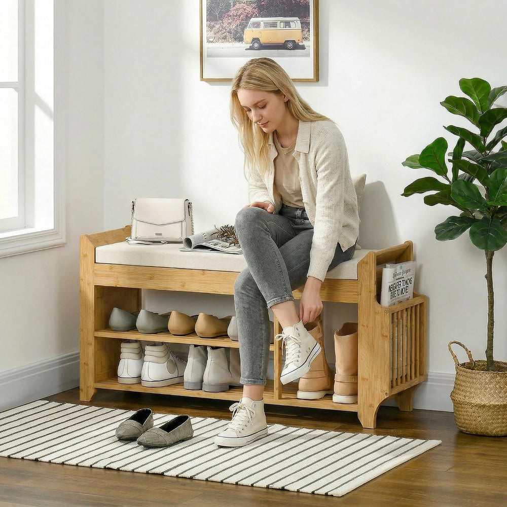 HOMCOM Shoe Bench with Cushioned Seat, 2-Tier Entryway Bench with Side Umbrel...