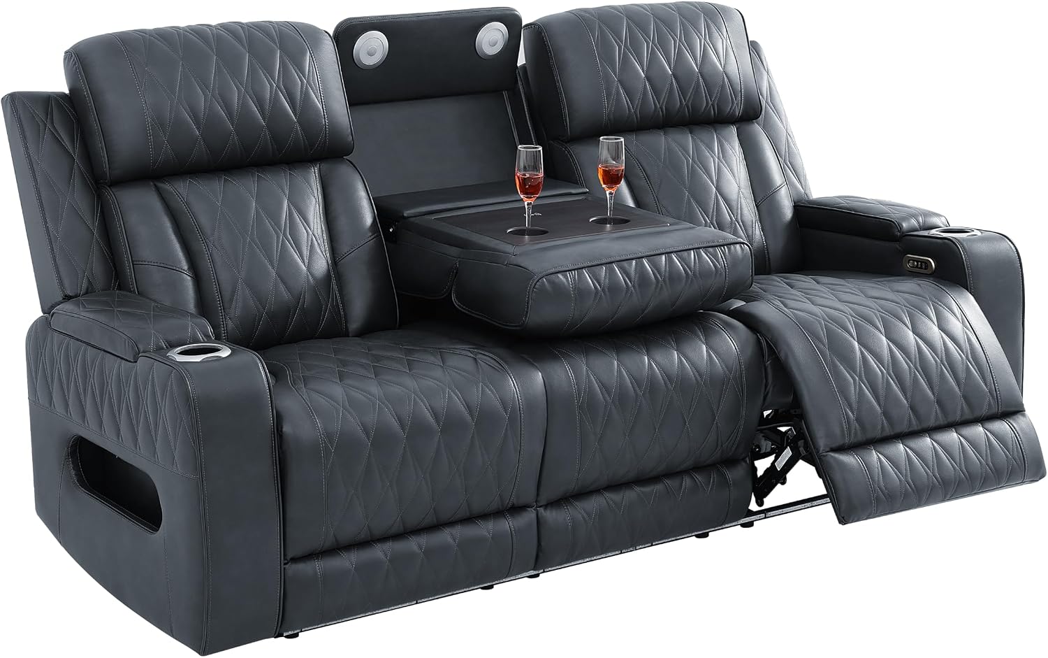 Breathing Leather Power Reclining Sofa Set, Living Room Furniture Set with Recliners, Leather Couch Loveseat and Chair with LED Lights/USB Ports/Storage (Black Gray, 3-Seat Sofa)
