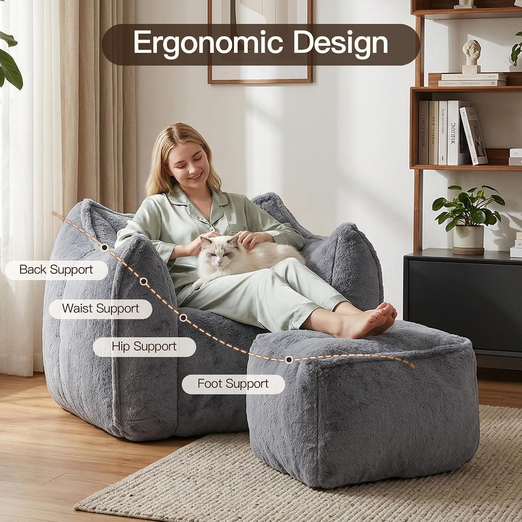 WELAX Giant Bean Bag Chair for Adults Teens – Fluffy Plush Large Bean Bag Sofa Chairs with Ottoman, Comfy Reading & Gaming Beanbag Couch for Bedroom Living Room, Dark Gray