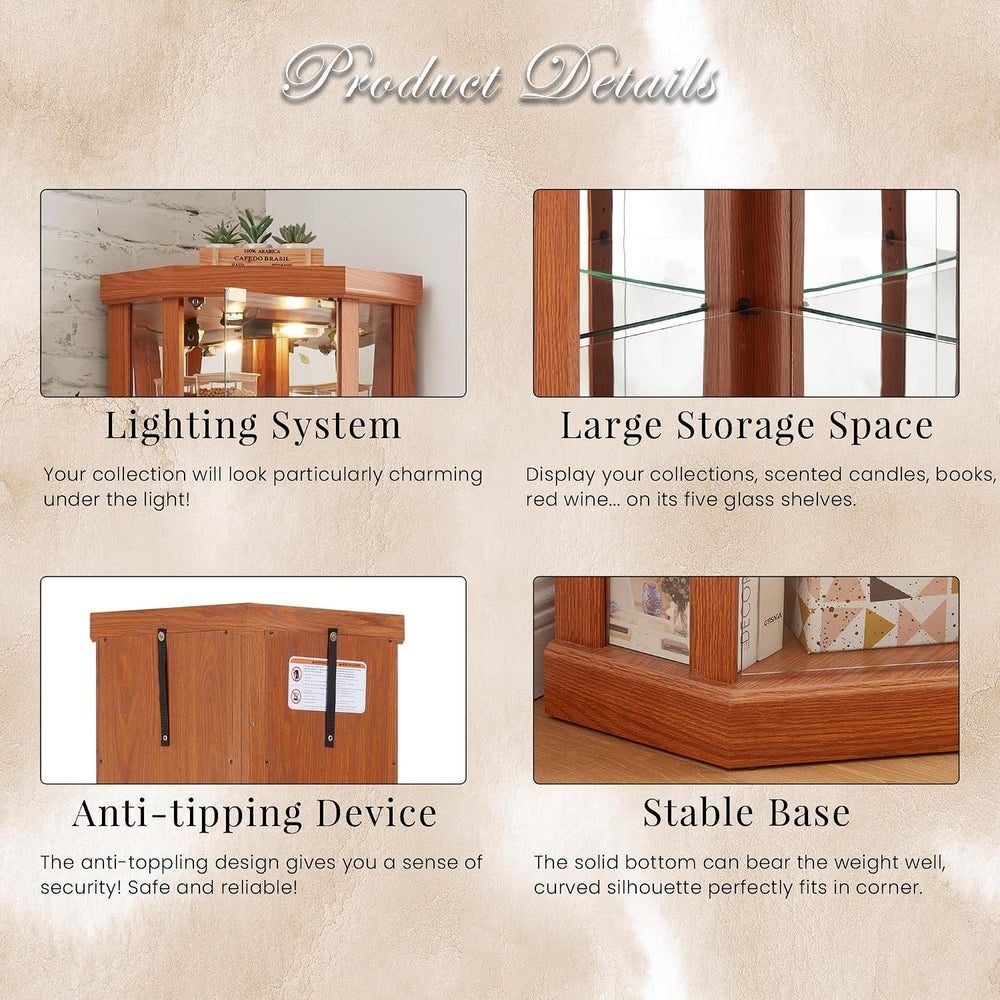 70" H Lighted Corner Curio Cabinet, Glass Display Cage with Tempered Gla...