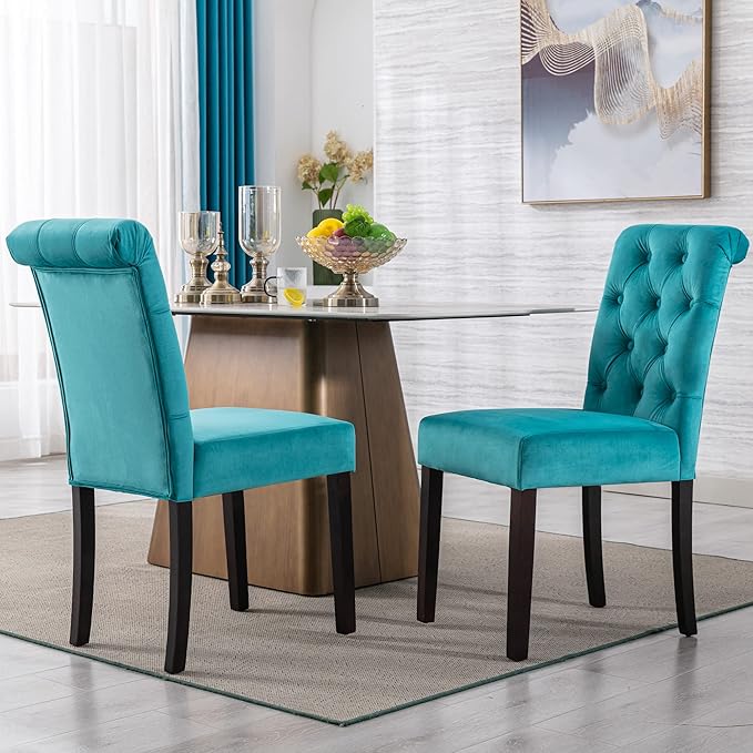 Farmhouse Dining Chairs Set of 2, Velvet Upholstered Kitchen Chairs, Comfy Side Parsons Chairs for Home/Restaurant/Bedroom/Living Room, Cyan Blue