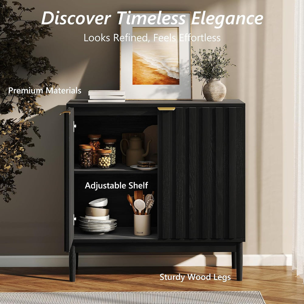 Fluted Cabinet with Storage, Buffet Cabinet Sideboard with 2 Doors, Black Buf...