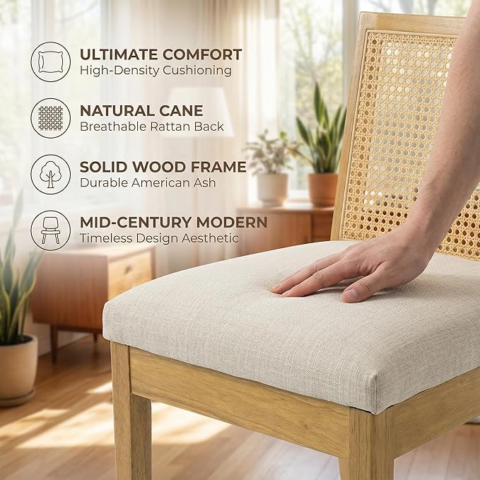 HNY Farmhouse Rattan Dining Chairs Set of 6, Mid Century Modern Kitchen & Dining Room Chairs, Cane Upholstered Kitchen Side Chair with Natural Hardwood Frame, Beige