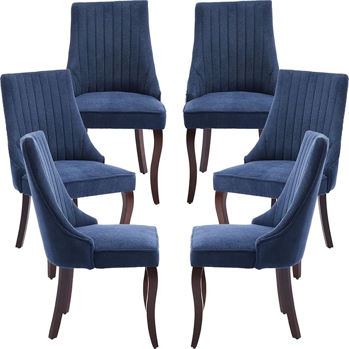 Modern Dining Chairs Set of 6, Mid Century Kitchen & Dining Room Chairs, Linen Upholstered Kitchen Chairs with Wood Legs, Sillas de Comedor, Easy Assembly, Blue, 6 Pieces