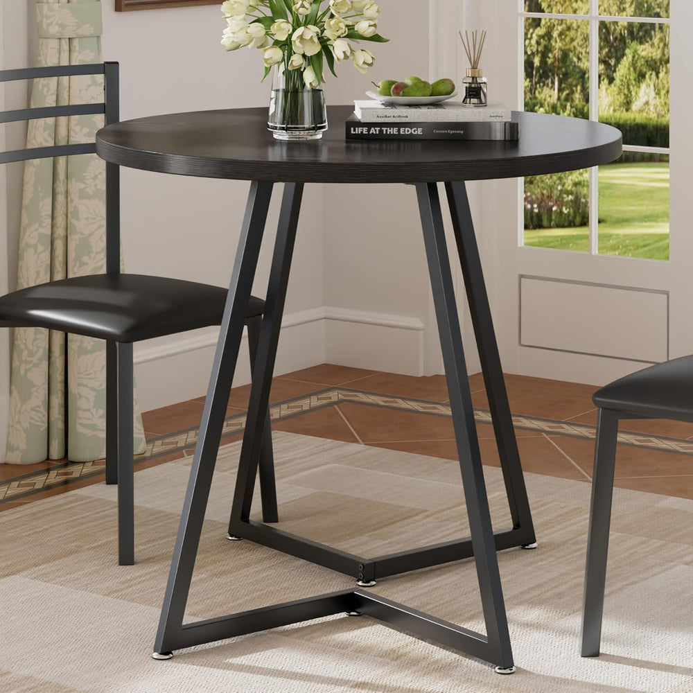 VECELO Round Dining Room Table with Wood Grain Tabletop and Steel Frame, for ...