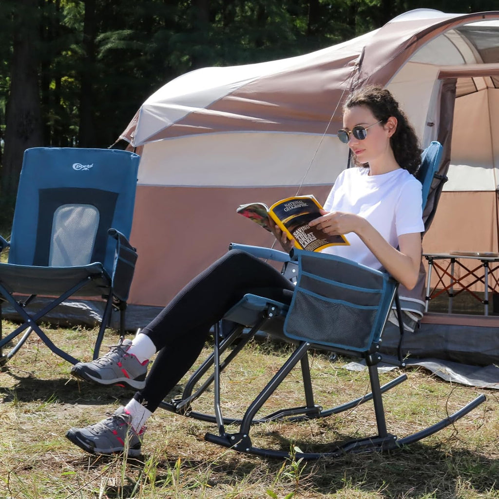 Portal Oversized Folding Rocking Camping Chair Portable Outdoor Rocker with High Back Hard Armrests Carry Bag, Supports 400 lbs