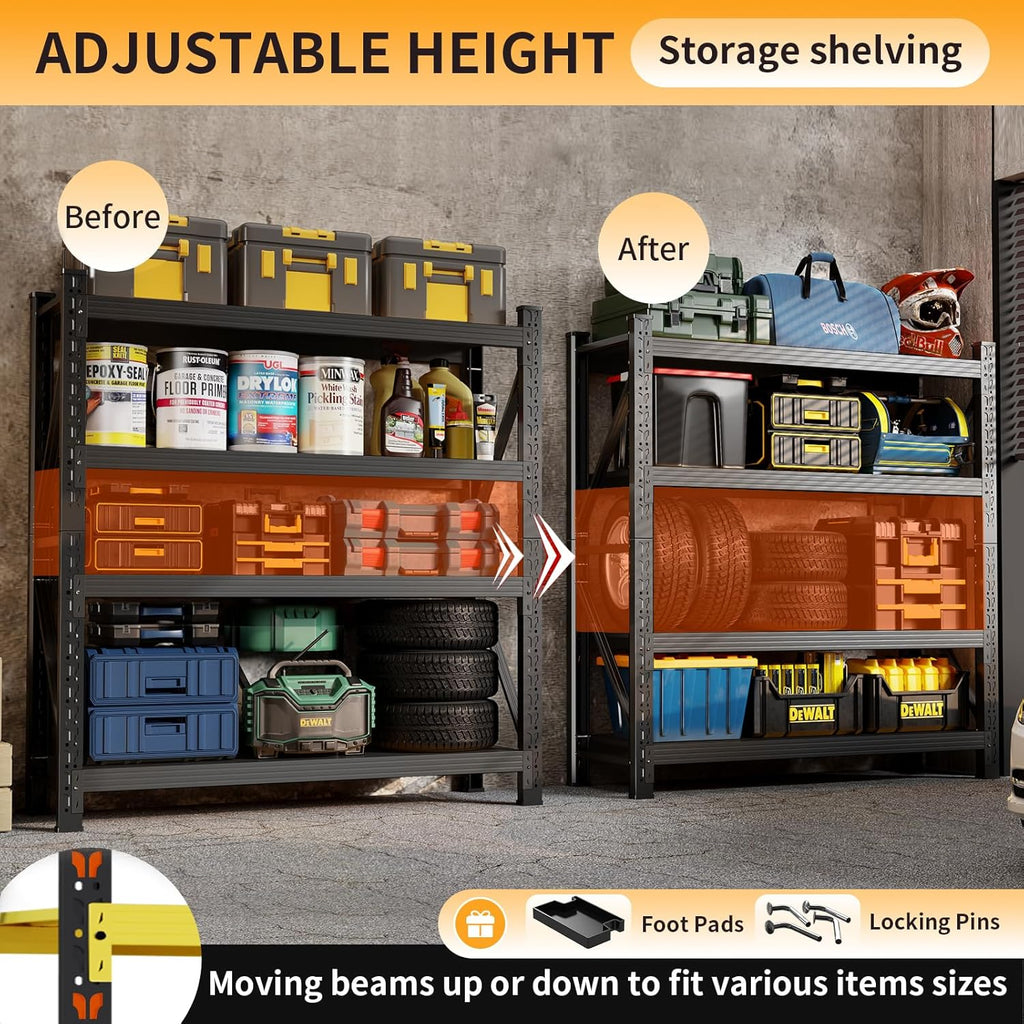 63" H Storage Garage Shelving Unit, 2500LBS Heavy Duty Metal Shelves Organization, Adjustable 4 Tier Utility Storage Shelf Rack for Industrial, Basement, Warehouse (Black, 19.7" D×31.5" W×63" H)
